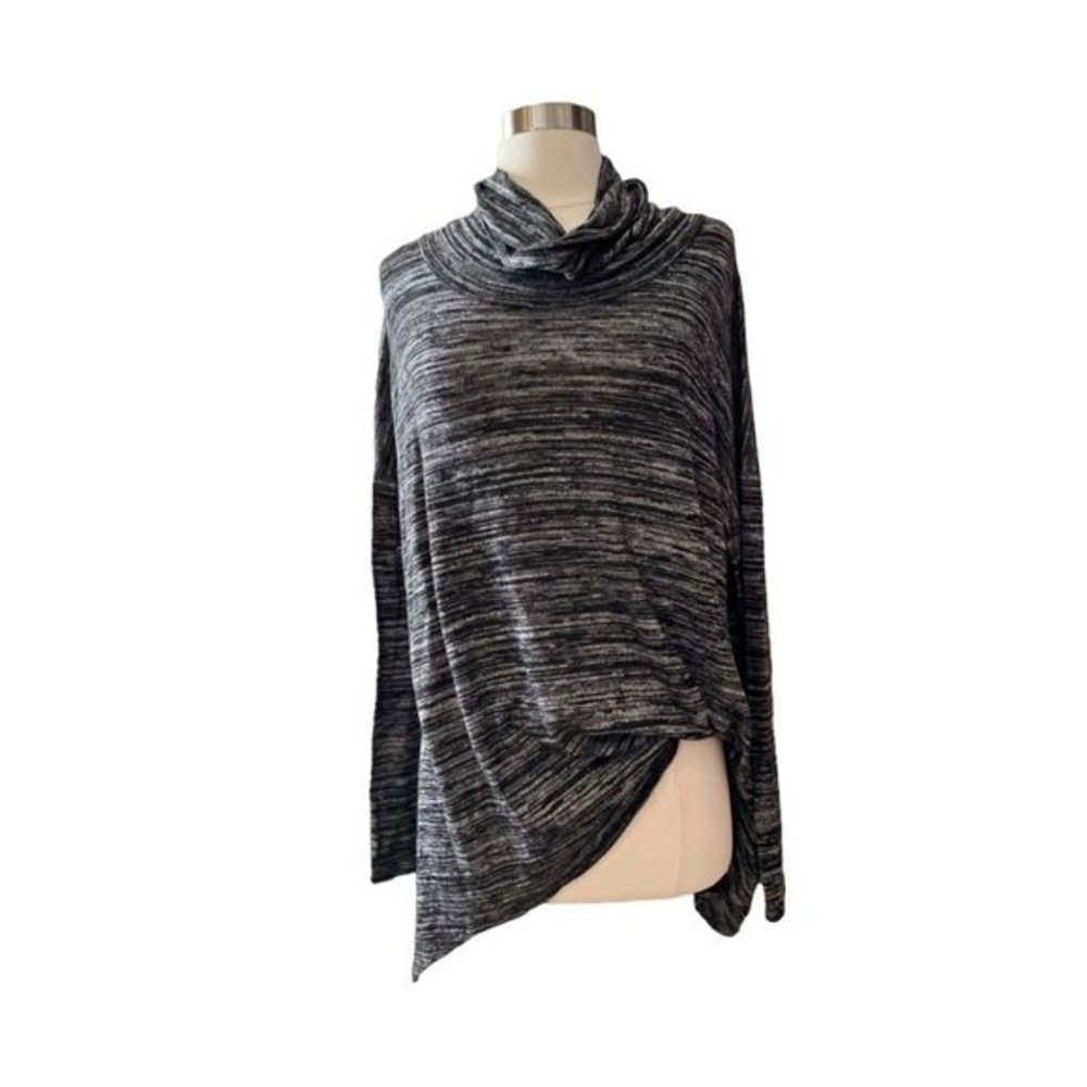 Joan Vass Cowl Neck Sweater XL  Black and Gray Space-dye with High-Low Hemline